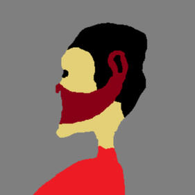 puerto rican with black hair and a burgundy mask, wearing a red shirt